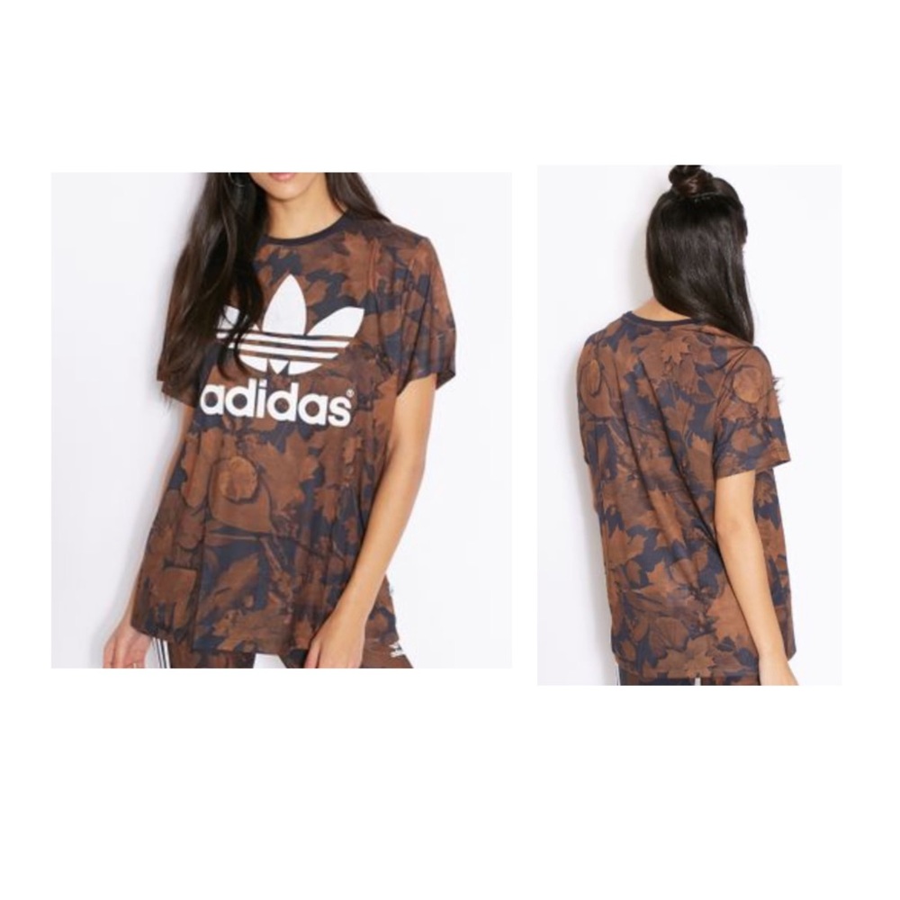 Adidas Original Brown Leaf Print Boyfriend T-Shirt Size Small
